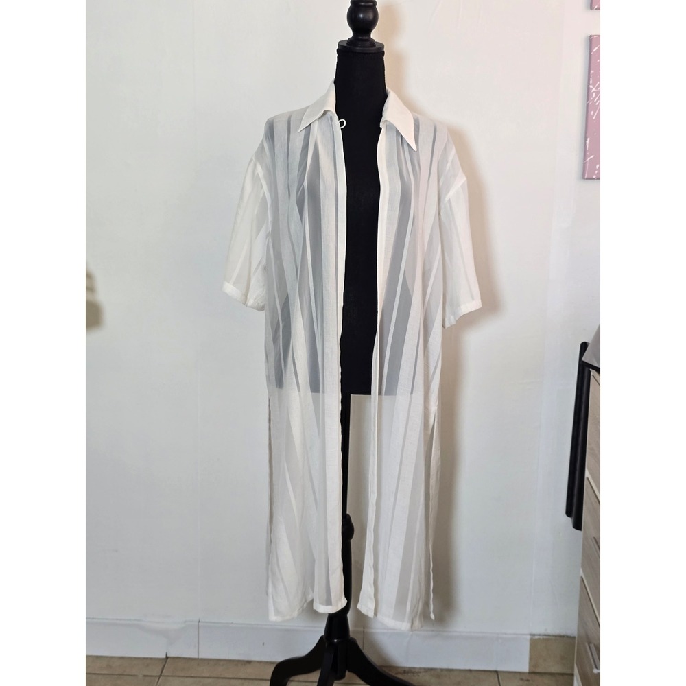 Tong Sheng Sheer White Striped Duster Kimono Cover-Up Longline OS